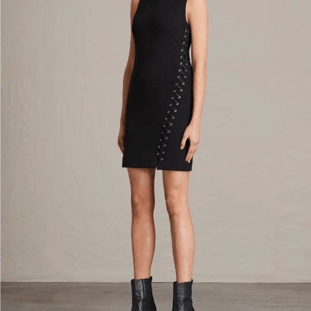 AllSaints Black Amara Asymmetrical Lace-Up Mini Dress